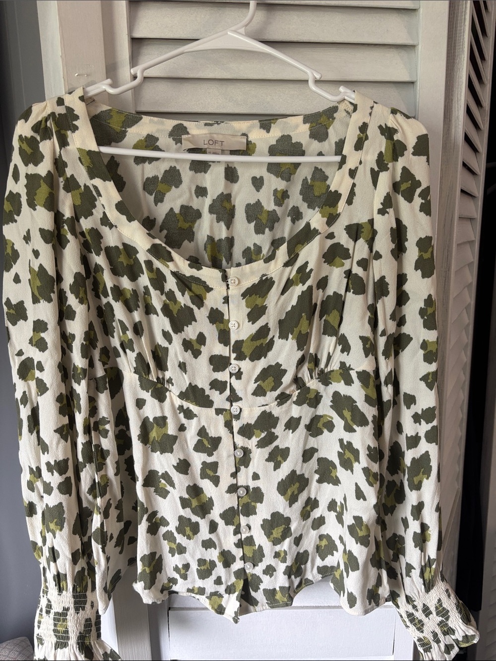 LOFT Olive and Ivory Floral Button-Up Peasant Blouse
